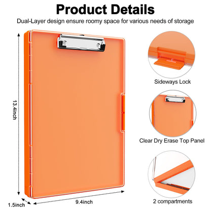 Clipboard with Storage, 8.5x11 Clip Boards with 2 Storage Case and A4 Paper Folder, Clear Dry Erase Top Panel, Heavy Duty Plastic, Folio & Side-Opening, for Nurses, Teacher, Lawers, Orange