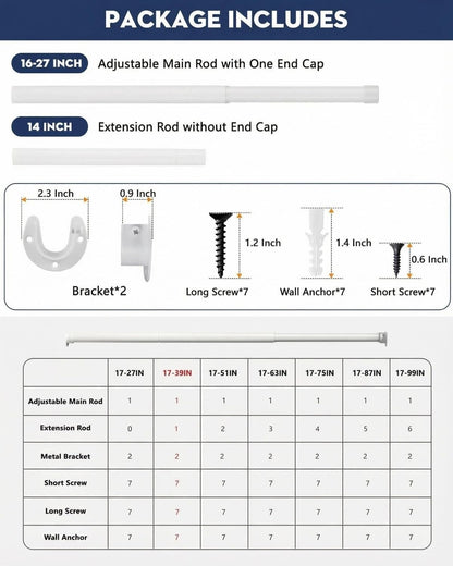 ASULUPHY Heavy Duty Closet Rod, 17-39 in Adjustable Closet Bar For Hanging Clothes, Telescopic Metal Closet Pole, Ideal for Laundry, Wardrobe, RV, Cloakroom, Bathroom-White