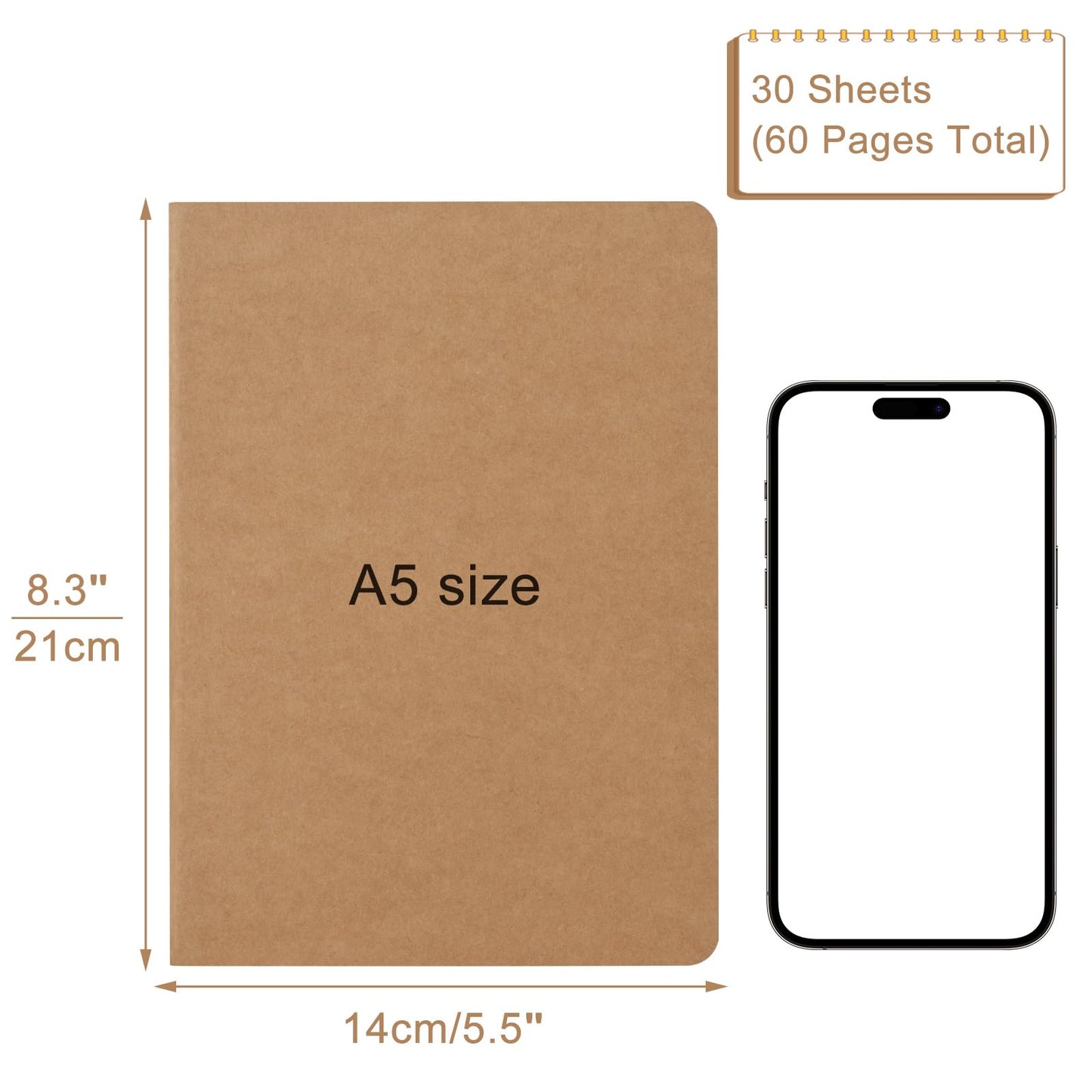 ZCZN 24 Pack A5 Blank Notebook, Kraft Notebooks 60 Pages(30 Sheets), 8.15 * 5.5 Inches Unlined Notebook, Bulk Diary, Subject, Memo Notebooks for Work, School, Office