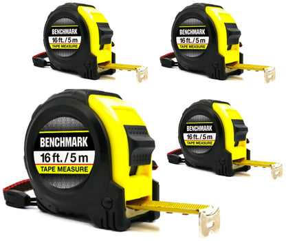 Benchmark - 4 Pack of Tape Measures - 16 ft (5 m) - Auto Rewind & Thumb Lock - Ensemble de 4 rubans à mesurer – 16 pi (5 m) – rétraction automatique, verrouillage au pouce - Pouces et en centimètres