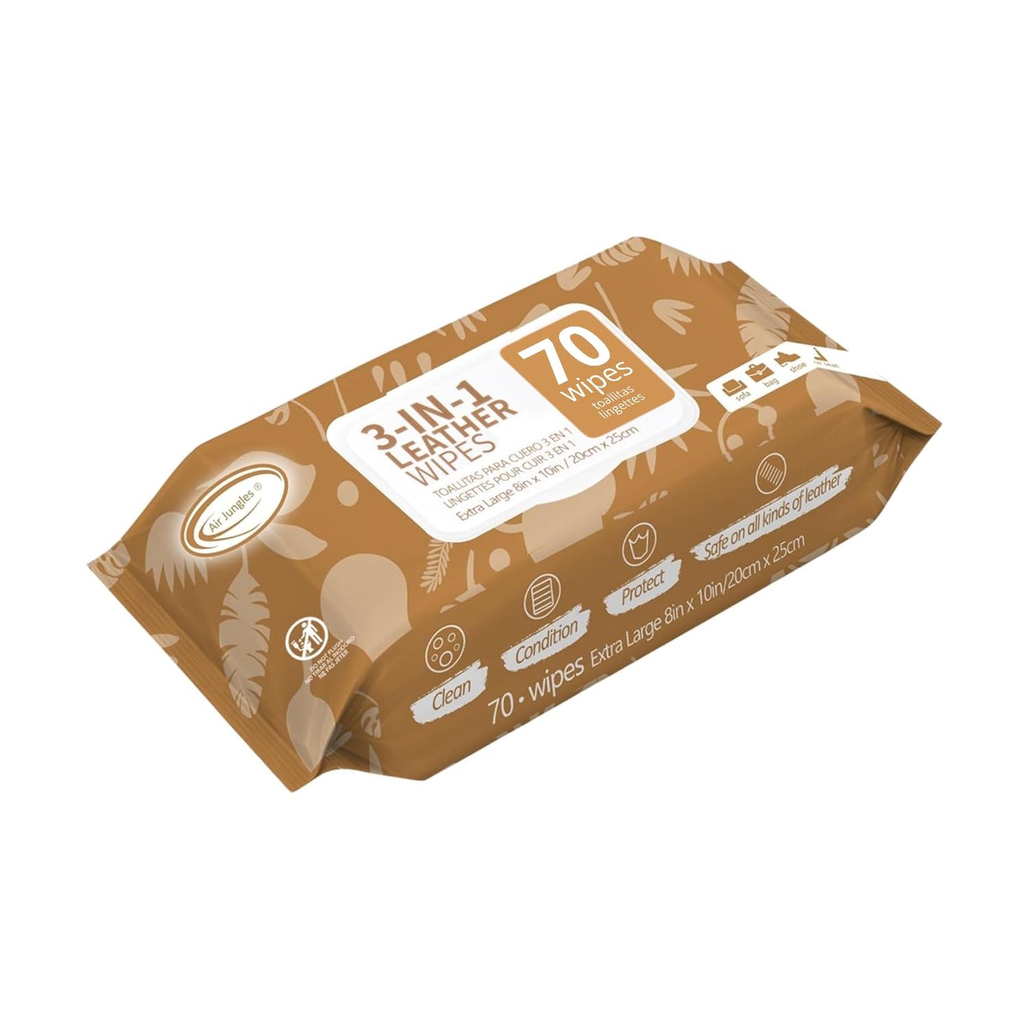 Air Jungles 3in1 Leather Cleaner Wipes 70 Count, Extra Large 8" x 10" Size, Clean Condition Protect Wipes for Vinyl and Leather Apparel Furniture Auto Car Interior Shoes Boots Bags