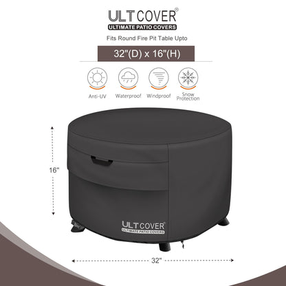 ULTCOVER Patio Fire Pit Table Cover Round 32 inch Outdoor Waterproof Fire Bowl Cover, Black