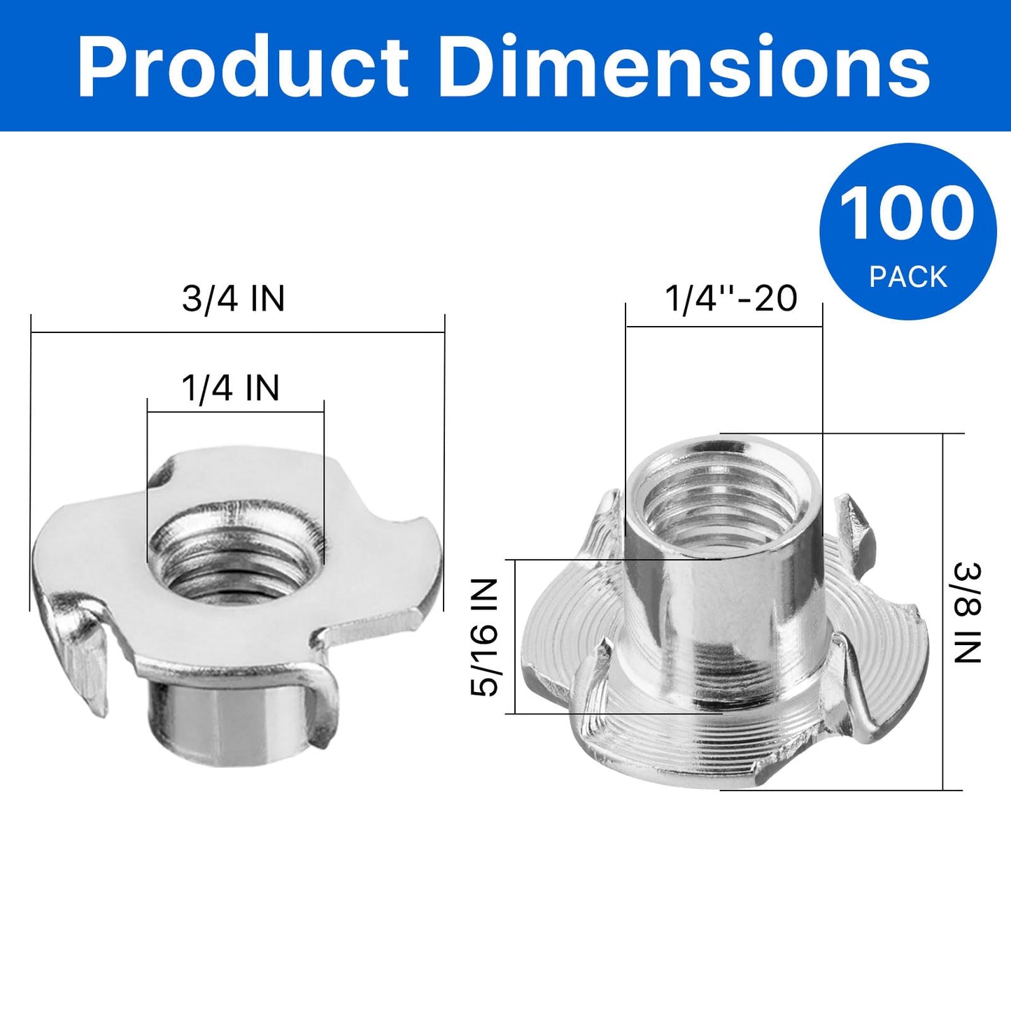 Akamino 100 Pack 1/4"-20 T-nut, 304 Stainless Steel Threaded Insert, 4-Pronged Tee Nut for Wood,Rock Climbing Holds,Cabinetry,Furniture