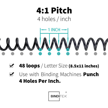Binditek 100 Pack Plastic Spiral Binding Coils, Multi Size (6mm, 8mm, 10mm, 12mm) (1/4", 5/16", 3/8", 1/2"), 4:1 Pitch, Black, for Students and Coworkers