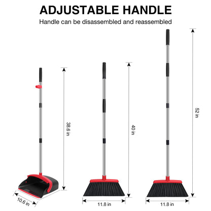 Broom and Dustpan Set, 52-in Long Adjustable Handle Broom Dustpan Combo with Dustpan Teeth to Automatically Clean Hair Suitable for Home Kitchen Office Hall Floor（Black&Red）