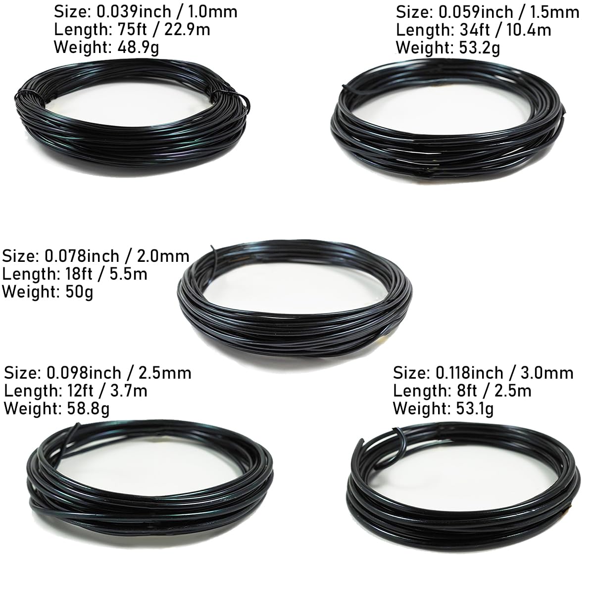 Bonsai Tree Wire, 5 Roll Anodized Aluminum Bonsai Wires, 5 Sizes - 1.0mm, 1.5mm, 2.0mm, 2.5mm, 3.0mm (147ft Total), Tree Training Tools for Shaping, Styling Bonsai Training, Black