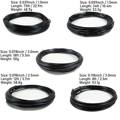 Bonsai Tree Wire, 5 Roll Anodized Aluminum Bonsai Wires, 5 Sizes - 1.0mm, 1.5mm, 2.0mm, 2.5mm, 3.0mm (147ft Total), Tree Training Tools for Shaping, Styling Bonsai Training, Black