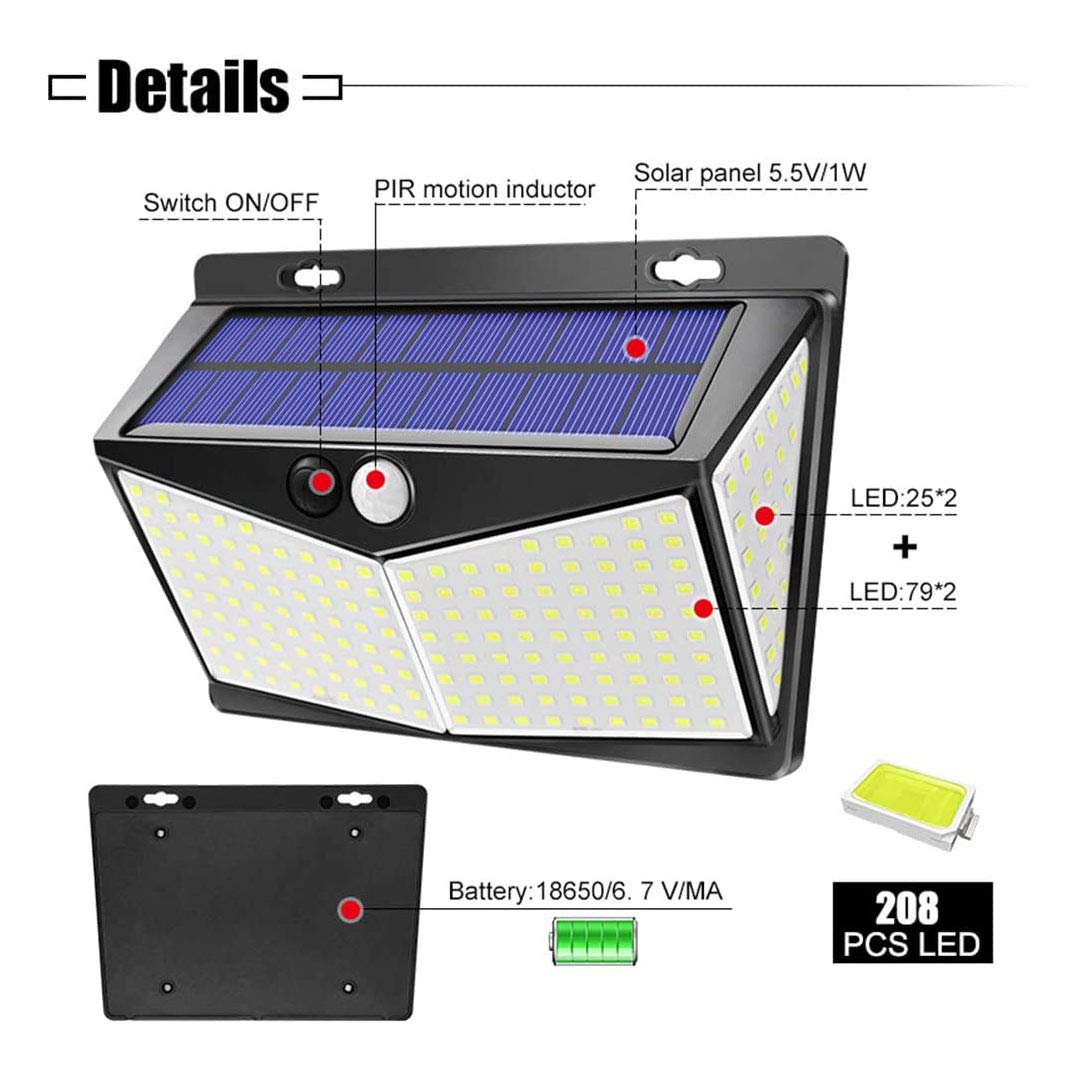DISGIAN Solar Lights Outdoor, 208 LED Solar Motion Sensor Light with 3 Modes &270° Wide Angle,IP65 Waterproof, Solar Security Lights for Yard Pathway Porch Garage,Cool White(1 Pack)