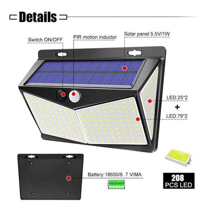 DISGIAN Solar Lights Outdoor, 208 LED Solar Motion Sensor Light with 3 Modes &270° Wide Angle,IP65 Waterproof, Solar Security Lights for Yard Pathway Porch Garage,Cool White(1 Pack)