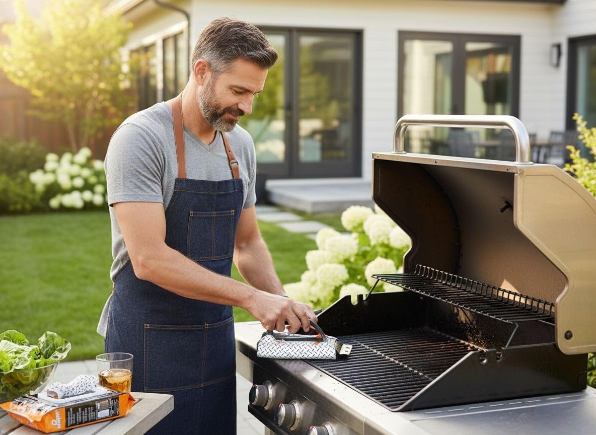 Q-Swiper BBQ Grill Cleaner Set - 1 BBQ Brush with Scraper and 25 BBQ Grill Cleaning Wipes. Bristle Free & Wire Free. Safe Way to Remove Grease and Grime for A Clean and Healthy Grill!