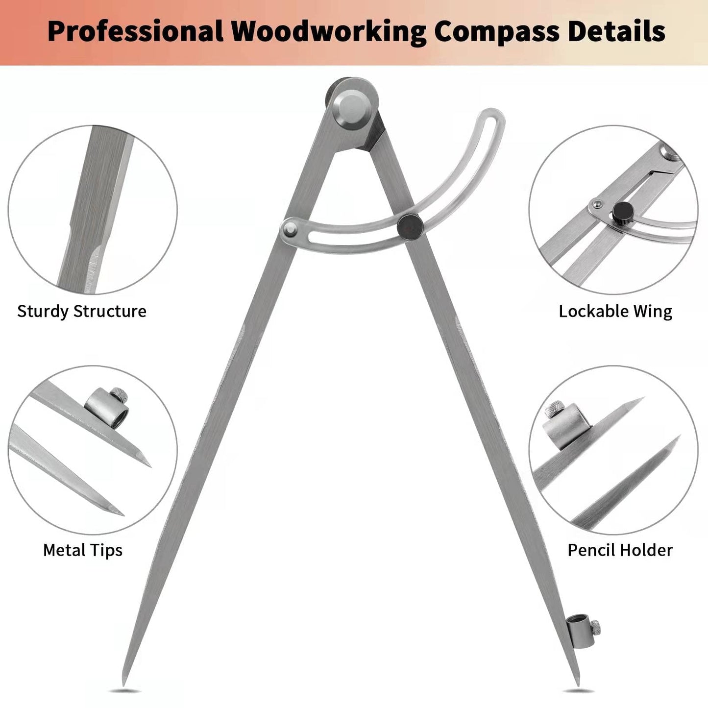 16 inch Compass for Geometry, Compass for Woodworking, Precision Woodworking Compass with Wing Divider and Pencil Holder, Large Compass for Geometry, Woodworking Compass, Drafting, Drawing Compass