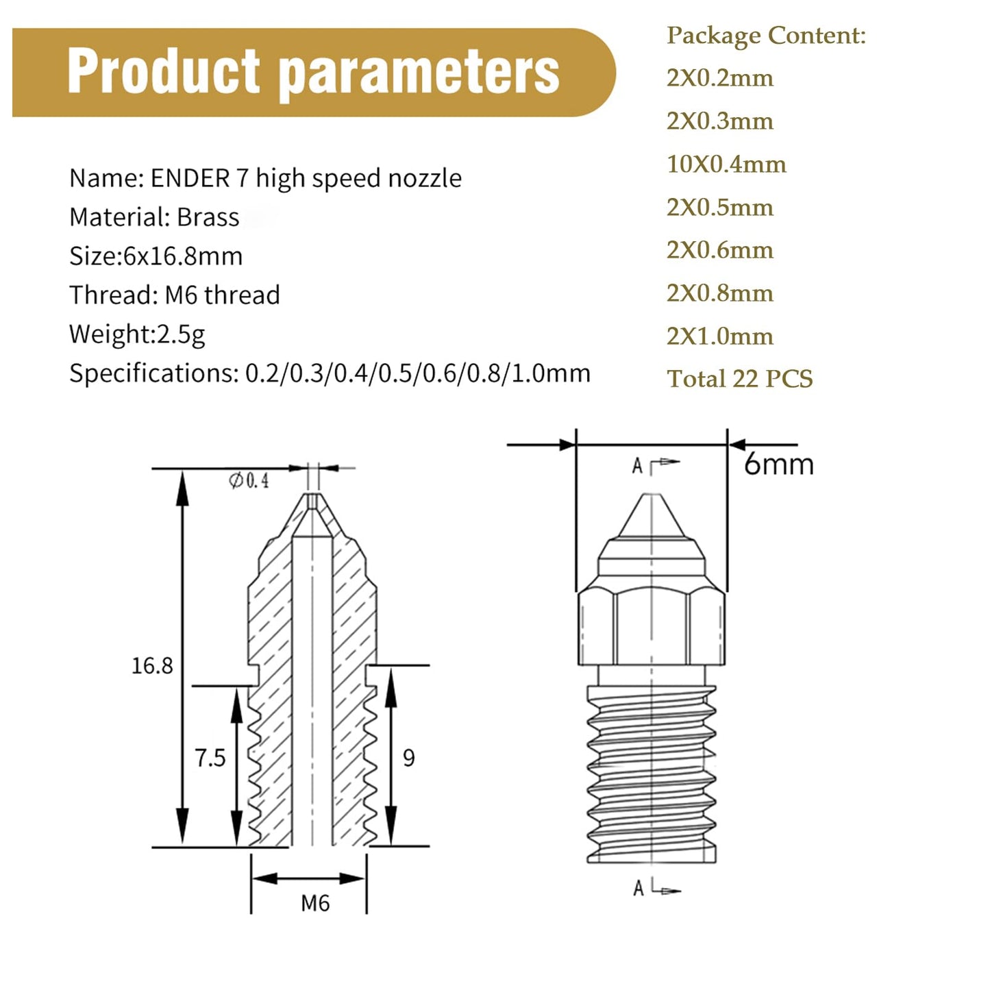Creality 22PCS Ender 5 S1 Brass Nozzles Kit, 3D Printer 10PCS 0.4mm and 2PCS 0.2mm, 0.3mm, 0.5mm, 0.6mm, 0.8mm, 1.0mm Nozles Kit for Ender 3 V3 SE, Ender 5 S1, Ender 7, Spider 1.0