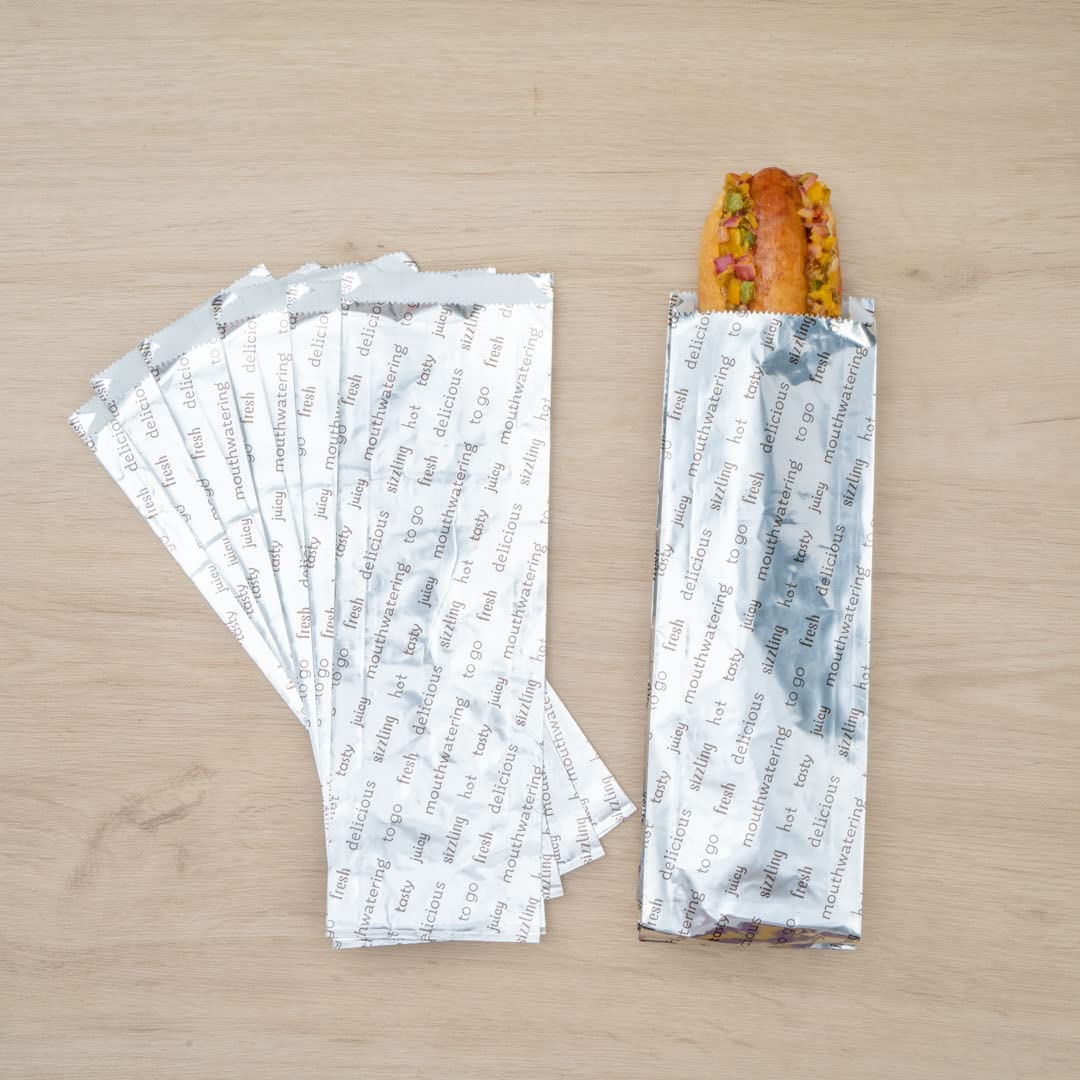 Restaurantware-Bag Tek 3.7 x 1.2 x 12 Inch Hot Dog Bags, 100 Large Hot Dog Wrappers - Greaseproof, Freezer-Safe, Printed Foil Accessories, Heat-Resistant, Non-Vented