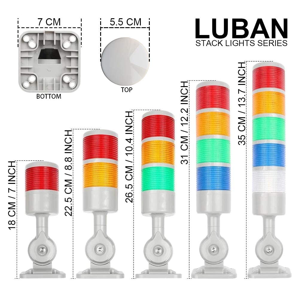 LUBAN Led Signal Tower Stack Lights, Industrial Signal Warning Lights, Column Tower Lamp Andon Lights with Rotatable Base, Steady/Flashing Light Switchable, 12-24V DC(2-Level, no Buzzer)