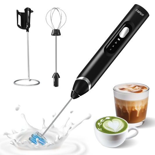 RAFOW Handheld Electric Milk Frother: 3 Speeds & Detachable Double Whisk Drink Mixer, Rechargeable Frother Wand with Stand, Coffee Froth Stirrer for Latte, Cappuccino, Cream, Matcha, Dalgona