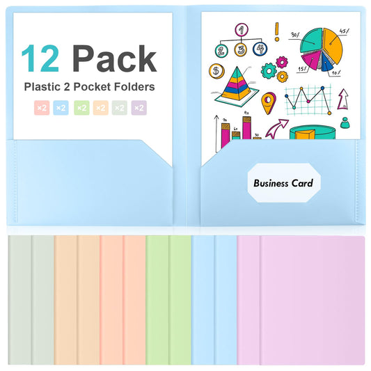 12 Pack Plastic Two Pocket Folders Heavy Duty Letter Size File Folders Assorted Colors Folders with Clear Front Pocket Twin Pocket Folder Bulk Business Card Holder Folder for Office School Home