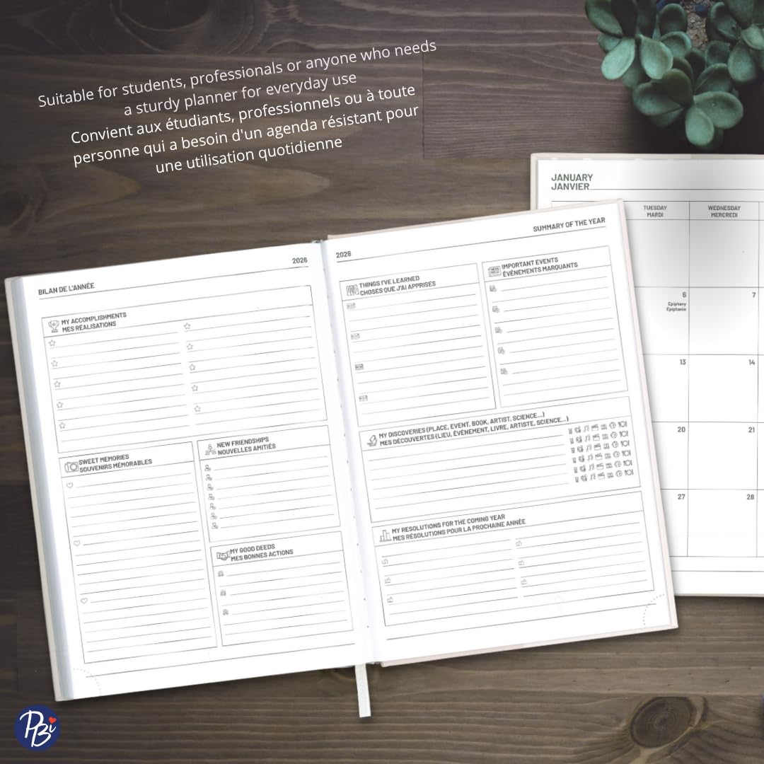 Pierre Belvédère - 2026 Annual Agenda Bilingual - 12 Months - Weekly Planner - 6.9” x 9.6” - Hardcover Clothbound - Year Monthly Planner - Pomegranate - 442482