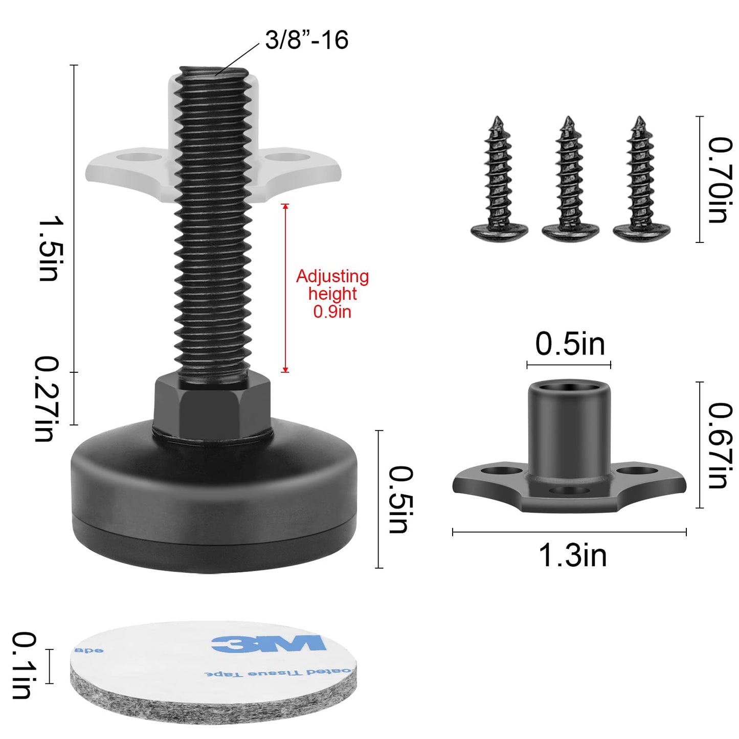 Adjustable Leveling Feet Furniture Levelers Table Feet Heavy Duty Leg Levelers for Cabinets Sofa Tables Chairs,Support 1320LBs, T-Nut Kit 3/8”-16 Thread, Large Base- 4 Pack, Black