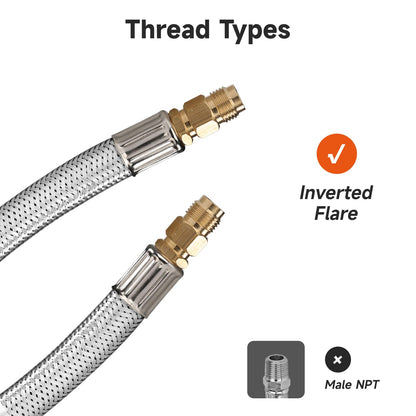 Roastove 15 Inch Stainless Braided RV Propane Pigtail Hose with 1/4 Inch Male Inverted Flare Fitting,for Standard Two-Stage Regulator, 2PACKS,with Gauge