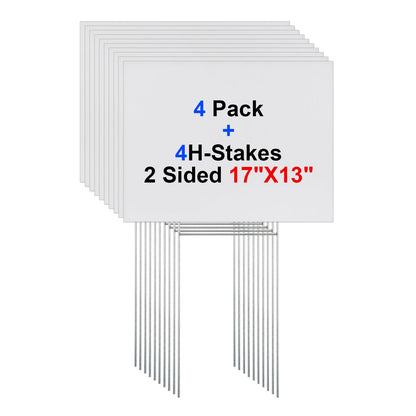 4 Packs Blank Yard Signs with Metal Stakes, 17 x 13Inches Waterproof Corrugated Plastic Signs for Rent, Sale, Party, Birthdays, DIY, Event, Advertising, Garden, Lawn Signs for Outside - White