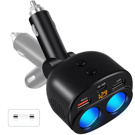 AKAARI 2-Socket Cigarette Lighter Splitter with PD30W Type-C and 2 USB Ports, 100W Car Charger with LED Voltage Indicator for 12V-24V Car, Cigarette Lighter Adapter with Independent Control