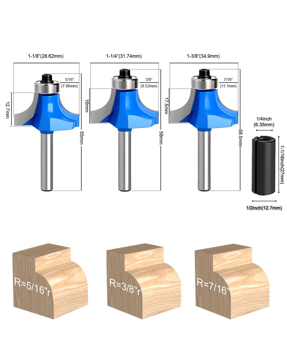 7Pcs Roundover Router bit Set,1/4 Inch Carbide Corner Shank Roundover Edging Router for Woodworking,Edging, Forming, Rounding with 1/2 inch Adapter