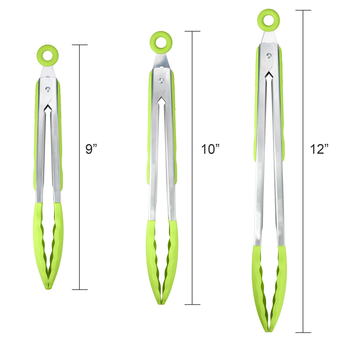 3 Pack Green Kitchen Tongs, Premium Silicone BPA Free Non-Stick Stainless Steel BBQ Cooking Grilling Locking Food Tongs, 9-Inch 10-Inch & 12-Inch
