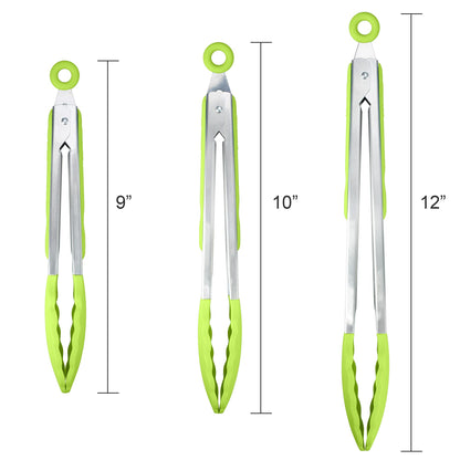 3 Pack Green Kitchen Tongs, Premium Silicone BPA Free Non-Stick Stainless Steel BBQ Cooking Grilling Locking Food Tongs, 9-Inch 10-Inch & 12-Inch