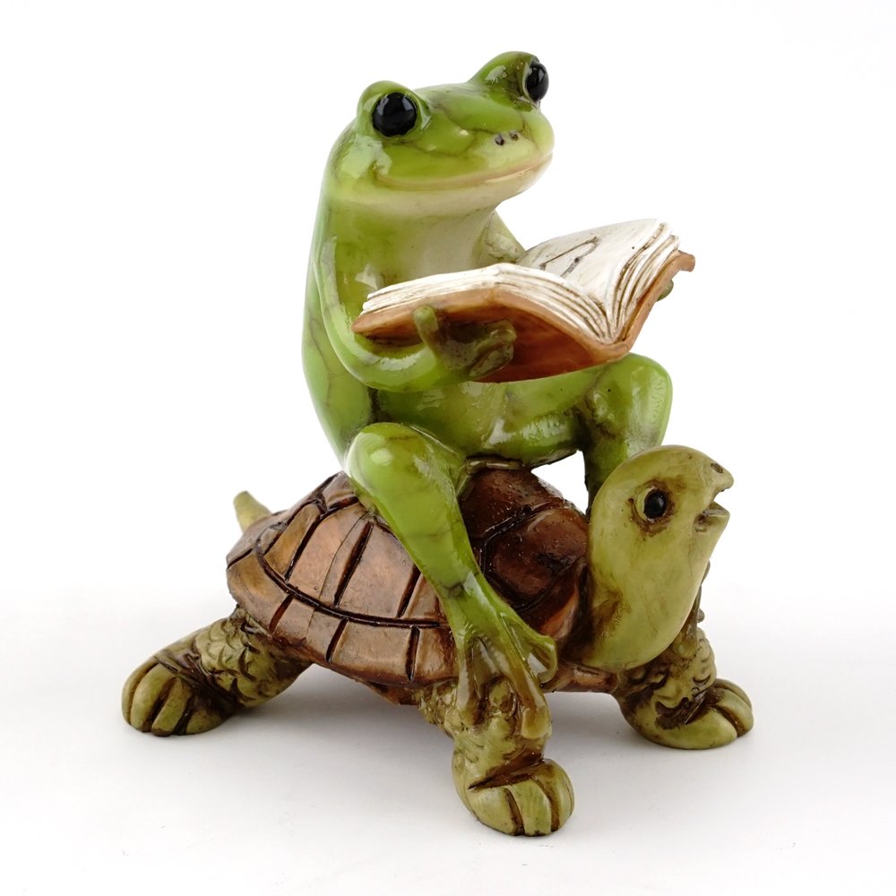 Top Collection Miniature Fairy Garden & Terrarium Frog Reading Book on Turtle Statue, Small, Green, Orange