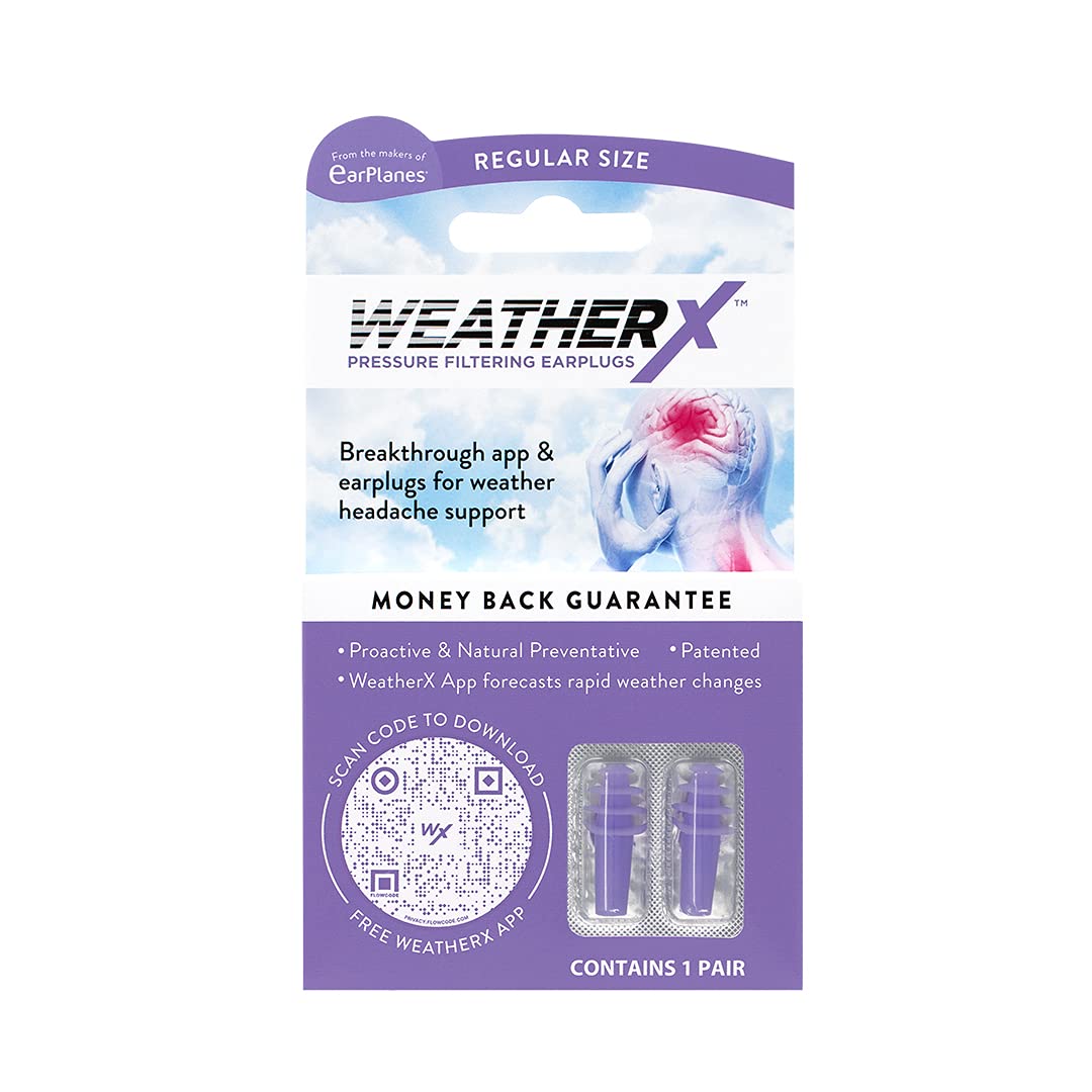 WeatherX Headache Prevention: Pressure Filtering Earplug for Shifts in Barometric Weather Pressure Download Free Alert app (Regular 1 PK)