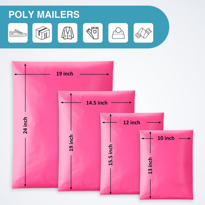 UCGOU 100 Pack Hot Pink Poly Mailers Variety Size Pack, 10x13 Inch & 12x15.5 Inch & 14.5x19 Inch &19x24 Inch, 25 PCS Each Shipping Bag, Self-Sealing Adhesive Mailers Assorted Sizes for Small Business