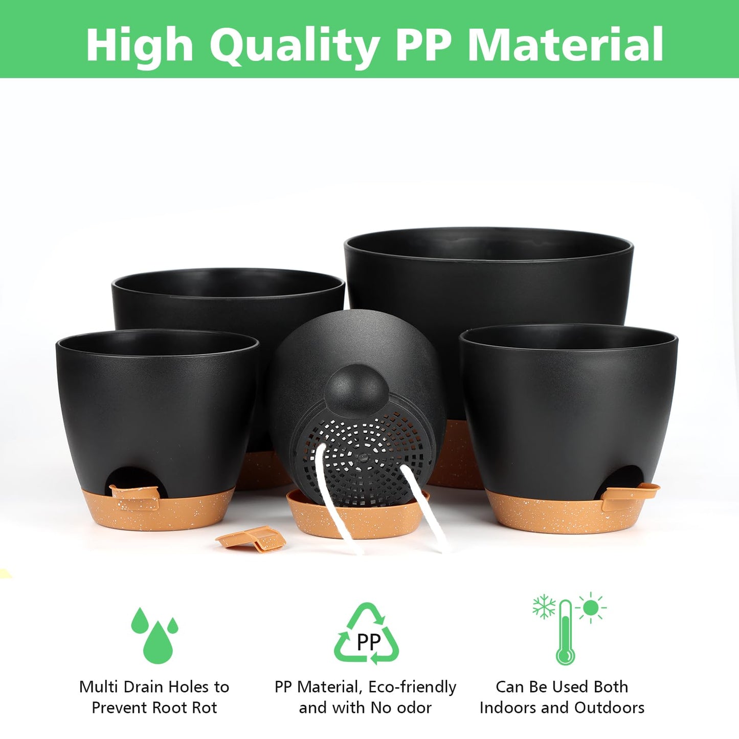 Self Watering Planter Set, 5Pack Small Plastic Plant Pots with Drainage Holes and Saucers, Modern 7+6.5+6+5.5+5 INCH Flower Pots Set for Indoor Outdoor Plants - Black