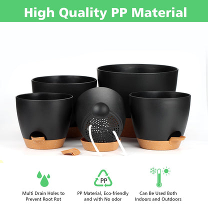 Self Watering Planter Set, 5Pack Small Plastic Plant Pots with Drainage Holes and Saucers, Modern 7+6.5+6+5.5+5 INCH Flower Pots Set for Indoor Outdoor Plants - Black
