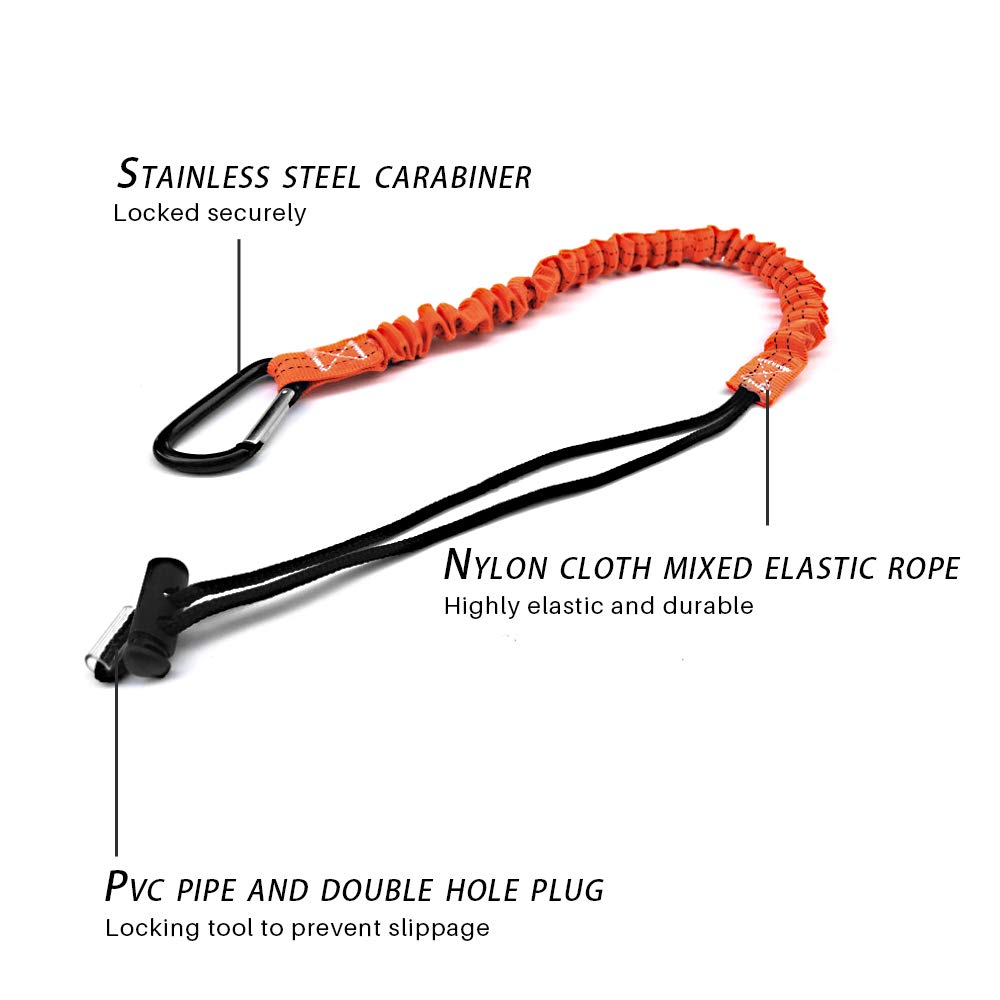 BlueStraw Tool Lanyard, Quick Release Shock Absorbing Safety Tool Leash Retractable Bungee Cord with Carabiner Clip and Adjustable Loop End, Maximum Weight Limit 10KG / 22lb, Fall Protection Equipment