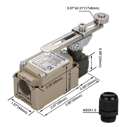 Baomain WLCA12-2-Q Limit Switch Momentary Switch, Adjustable Rotary Roller Lever, IP66 Waterproof