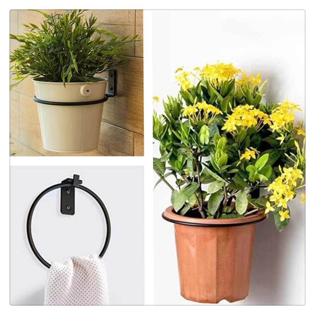 Plant Hangers, Flower Pot Holder Ring for Wall Mount 4 Inch Foldable,Black Flower Pot Ring Set,Heavy Duty Metal Round Planter Hooks Hangers for Outdoor, Indoor Plants and Flowers(6 Pack)