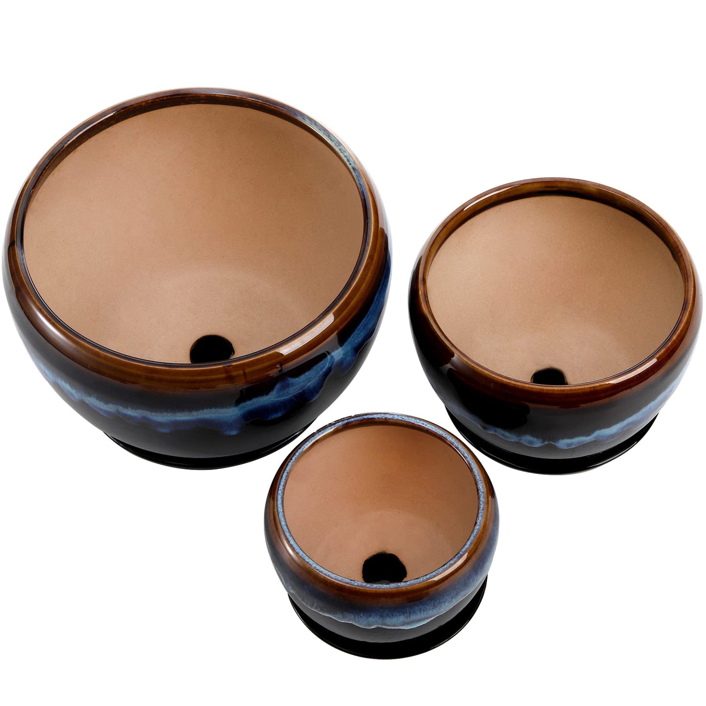 AVLA 3 Pack Ceramic Flower Pots, Gardening Drip Glazed Planter, Plant Pot with Drainage Hole and Saucer, 7/5/4 Inch Rustic Houseplant Container for Succulent Herbs Cactus Orchid, Home Indoor Outdoor