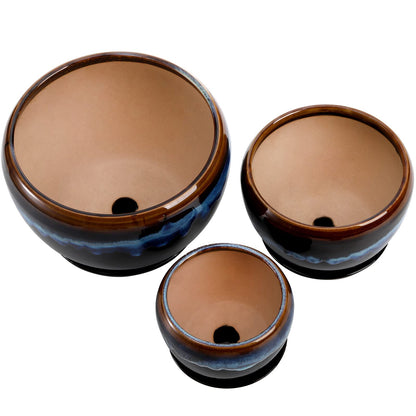 AVLA 3 Pack Ceramic Flower Pots, Gardening Drip Glazed Planter, Plant Pot with Drainage Hole and Saucer, 7/5/4 Inch Rustic Houseplant Container for Succulent Herbs Cactus Orchid, Home Indoor Outdoor