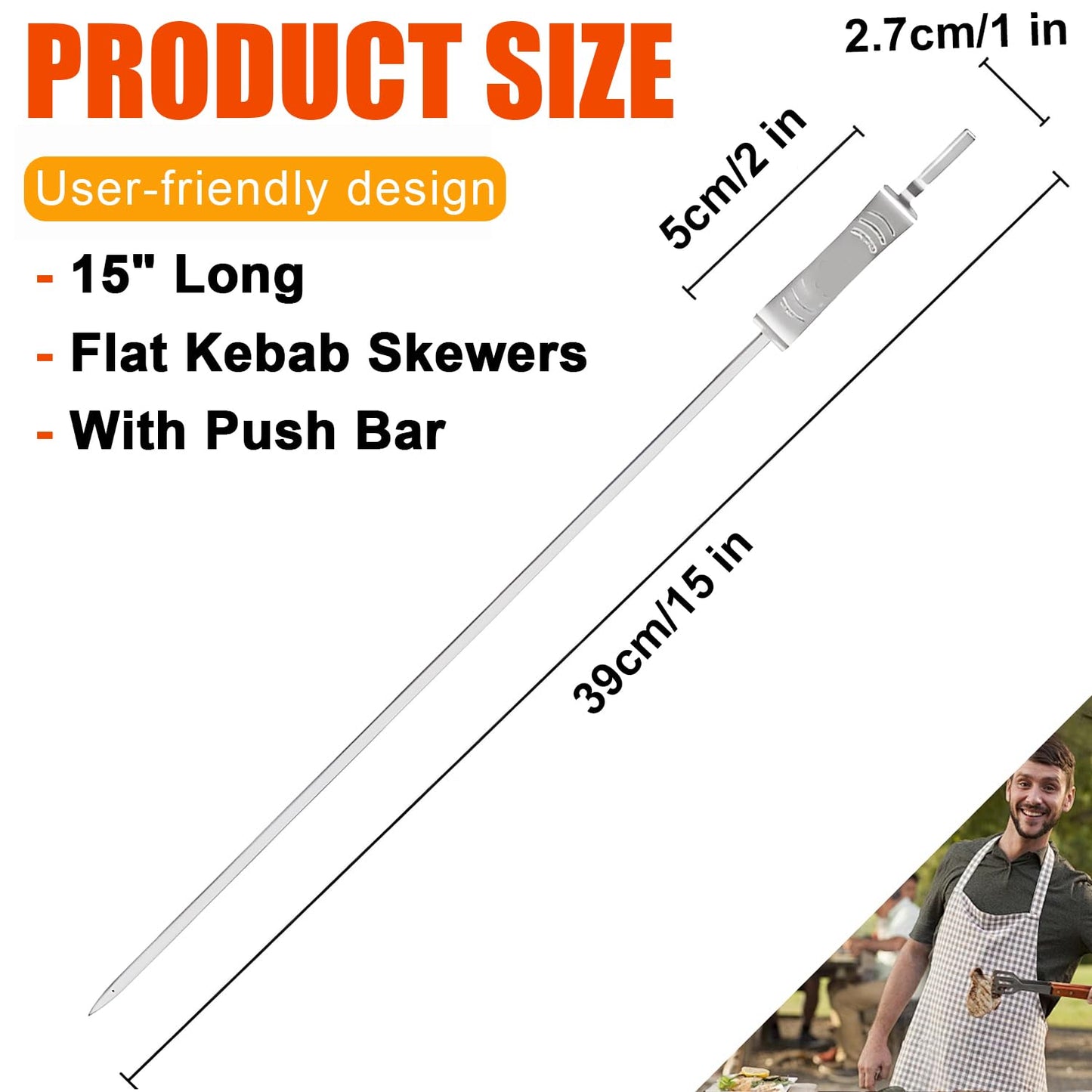 BBQ Skewers, Premium 304 Stainless Steel BBQ Skewers,15 Inch Heavy Duty Metal Kabob Sticks for Grilling, Reusable & Dishwasher Safe (12)