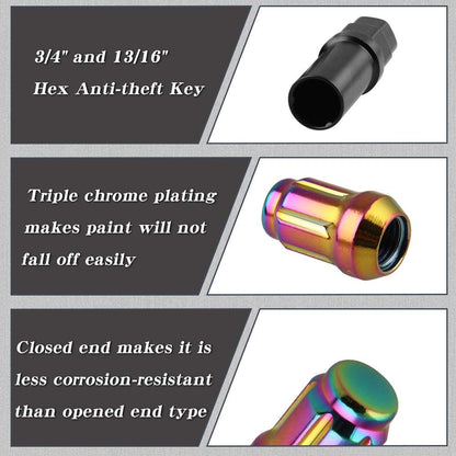 RYANSTAR Lug Nuts 20Pcs/Set M12*1.5 Hexagon Drive Acorn Lug Nuts Wheel Nuts + 1 3/4 inches 19mm and 21mm Hex Anti-Theft Socket Key, Colorful