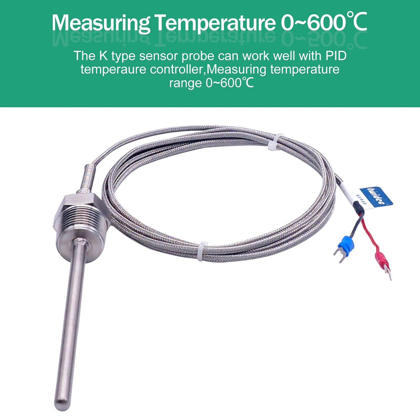 Twidec/2M NPT 1/2"inch Pipe Thread (6X100MM) Temperature Sensor Probe Two Wire Temperature Controller (0~600℃) 304 Stainless Steel K Type Thermocouple MT-205-1/2-6X100