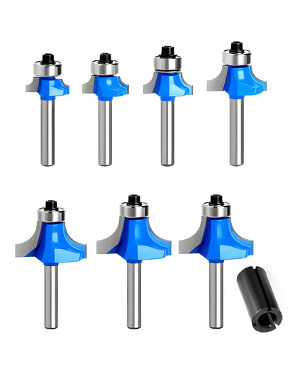 7Pcs Roundover Router bit Set,1/4 Inch Carbide Corner Shank Roundover Edging Router for Woodworking,Edging, Forming, Rounding with 1/2 inch Adapter