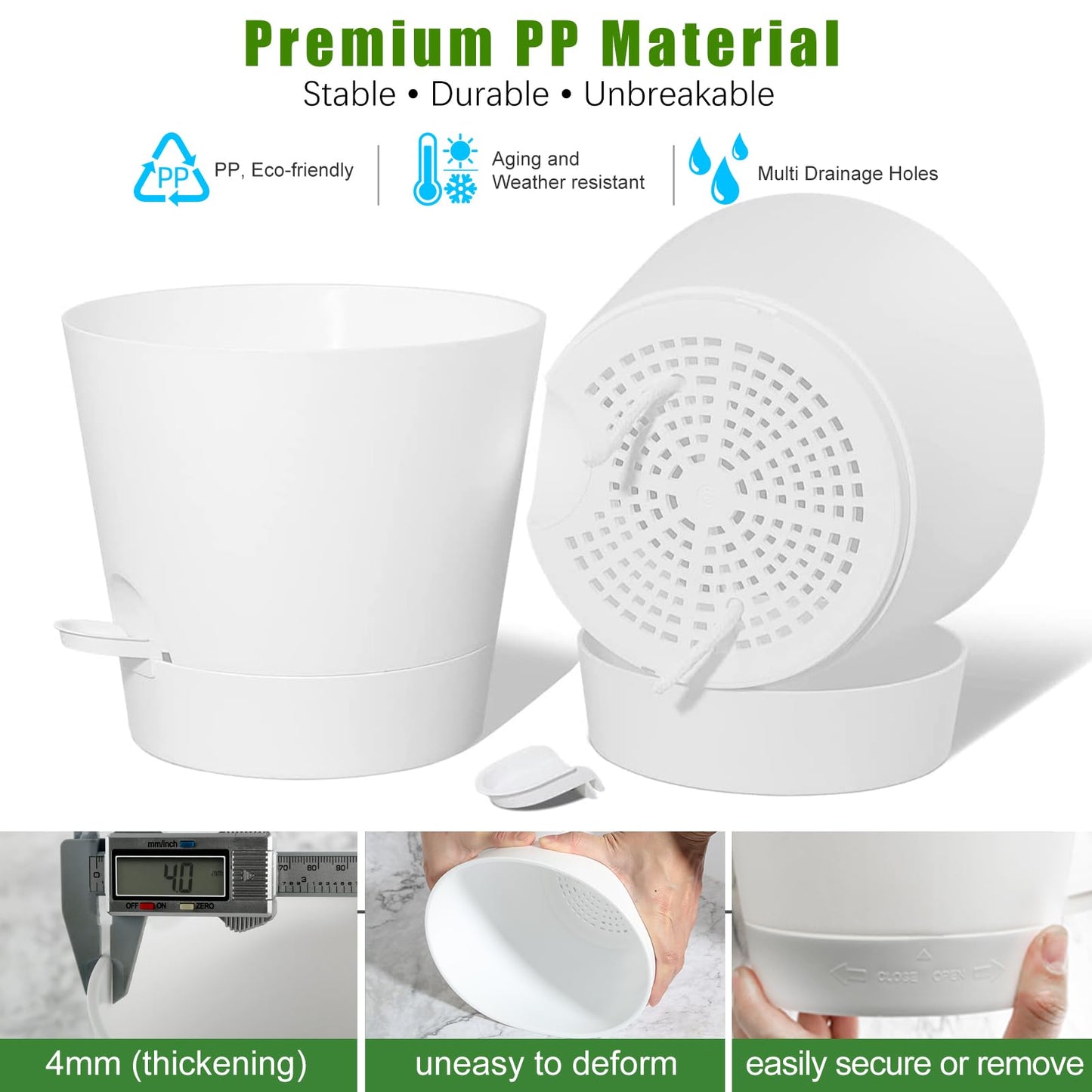 Tsxcnaa Self Watering Pots for Indoor Plants, 5 Packs 7/6.5/6/5.5/5 Inch Self Watering Pots with Drainage Hole and Removable Reservoir Saucers, Plastic Flower Pot (White)