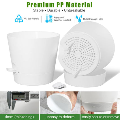 Tsxcnaa Self Watering Pots for Indoor Plants, 5 Packs 7/6.5/6/5.5/5 Inch Self Watering Pots with Drainage Hole and Removable Reservoir Saucers, Plastic Flower Pot (White)