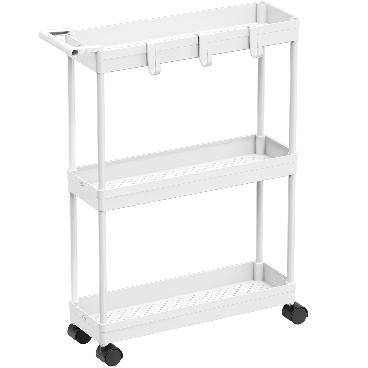 Simple Houseware 3-Tier Slim Rolling Cart with Handle and Hooks for Narrow Storage Places in Bathroom, Laundry and Kitchen, White