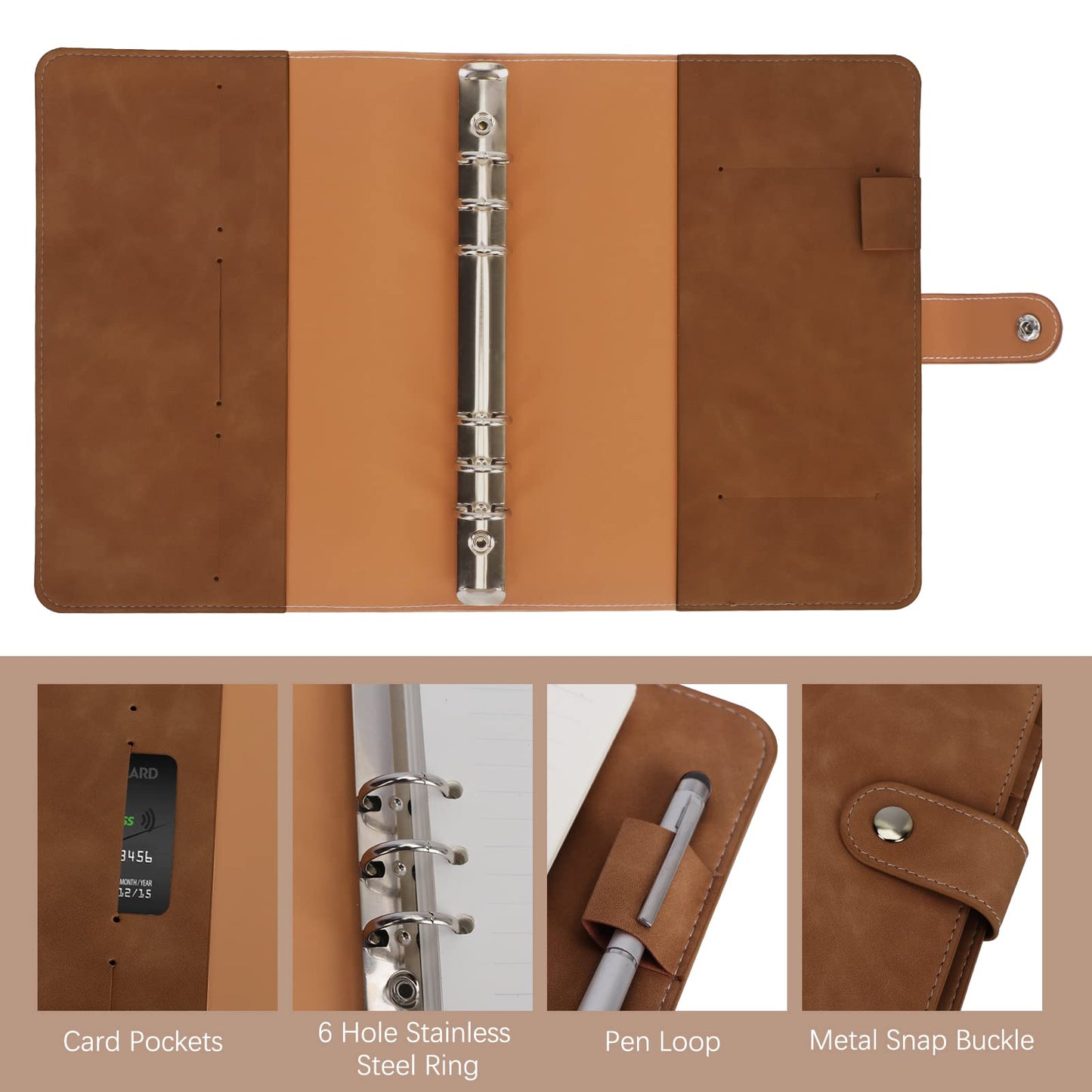 Colacoo Leather A5 Binder Notebook 6 Ring, Refillable Planner with Pockets, Dividers, Refill Paper, Travel Journal Cover Brown