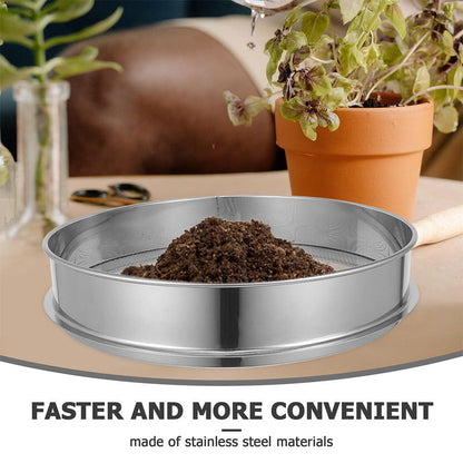 Veemoon Stainless Steel Garden Soil Sieve. Soil Classifier Sifter Round Planter Sand Screen Pan - 2mm Mesh Sifter Pan for Potting Compost and Sand Rock Sifting Filtration (9.8 Inch)