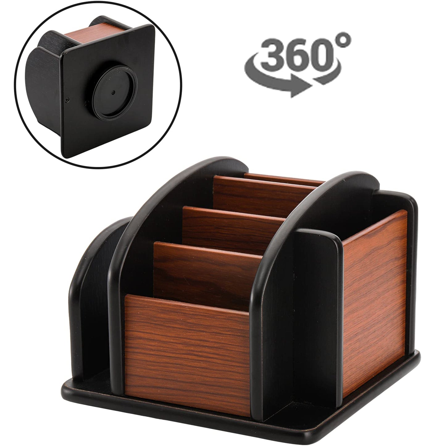 DEAYOU Wood Rotating Remote Control Holder, Spinning Remote Caddy for Table, 6-Compartment Wooden Revolving Office Supplies Desktop Storage Organizer for Pen, Pencil, Mail, Desk, Home, Living Room