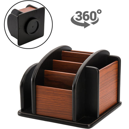 DEAYOU Wood Rotating Remote Control Holder, Spinning Remote Caddy for Table, 6-Compartment Wooden Revolving Office Supplies Desktop Storage Organizer for Pen, Pencil, Mail, Desk, Home, Living Room