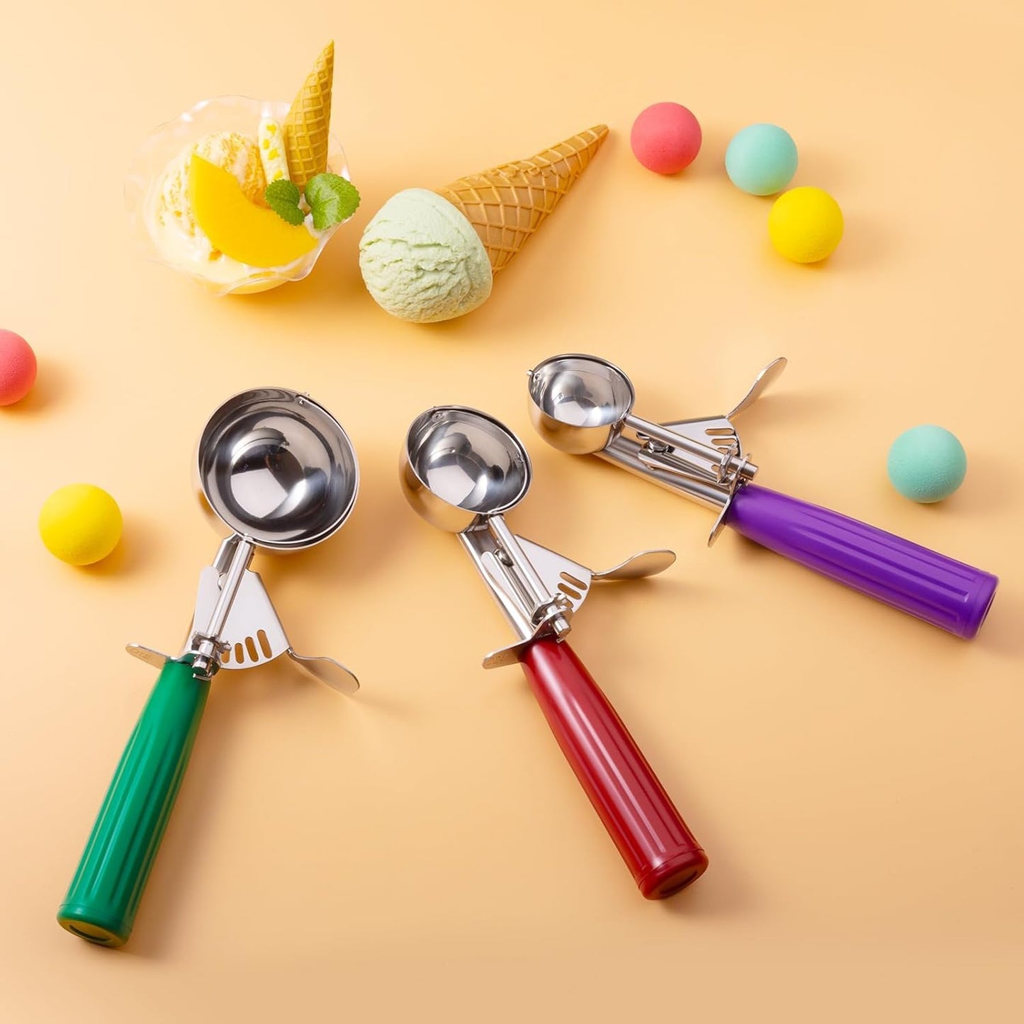 Cookie Scoops, Ice Cream Scoop Set, with Trigger, Kitchen Utensils, 3 Different Sizes, Small-Medium-Large, Baking Supplies, Meatball Maker Tool, Stainless Steel with Plastic Handles